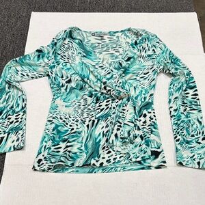 Jennifer Lopez Teal and Black Patterned Blouse